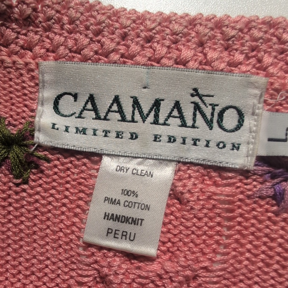 Vintage Caamano Pink Handknit Pima Cotton Floral Garden Cardigan Large - Picture 7 of 10